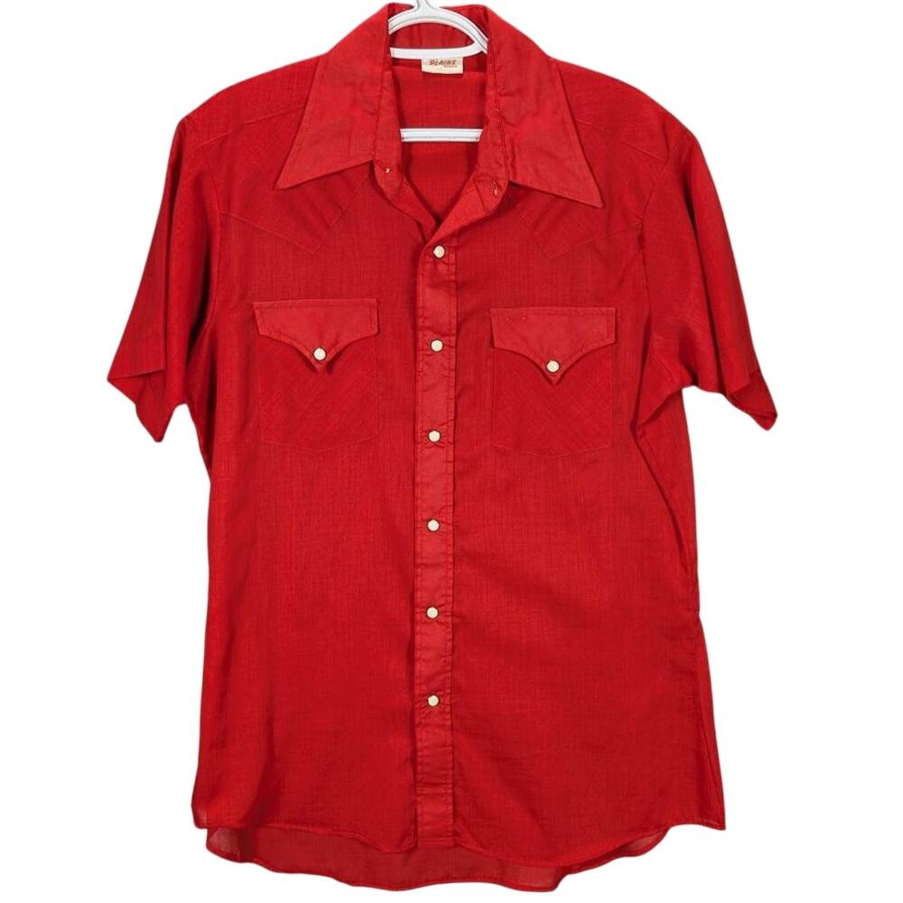 Vintage Ely Plains Rider Shirt Womens 16 Red Short Sleeve Pearl Snap Western